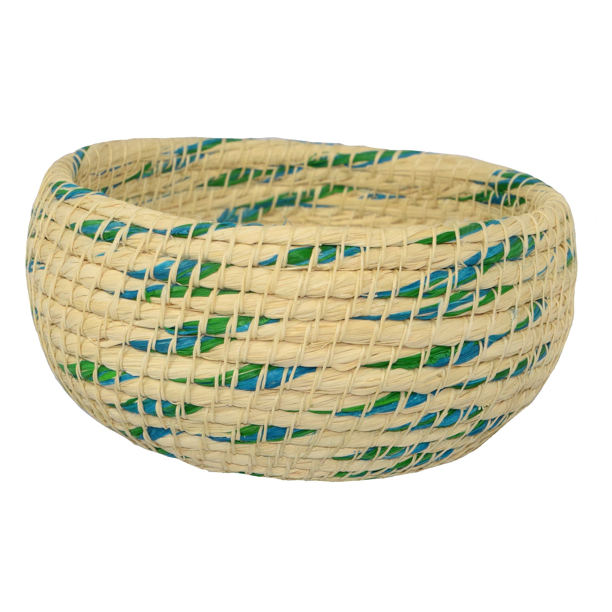 White chambira woven pots colored swirls with open top - handmade by Peruvian artisan