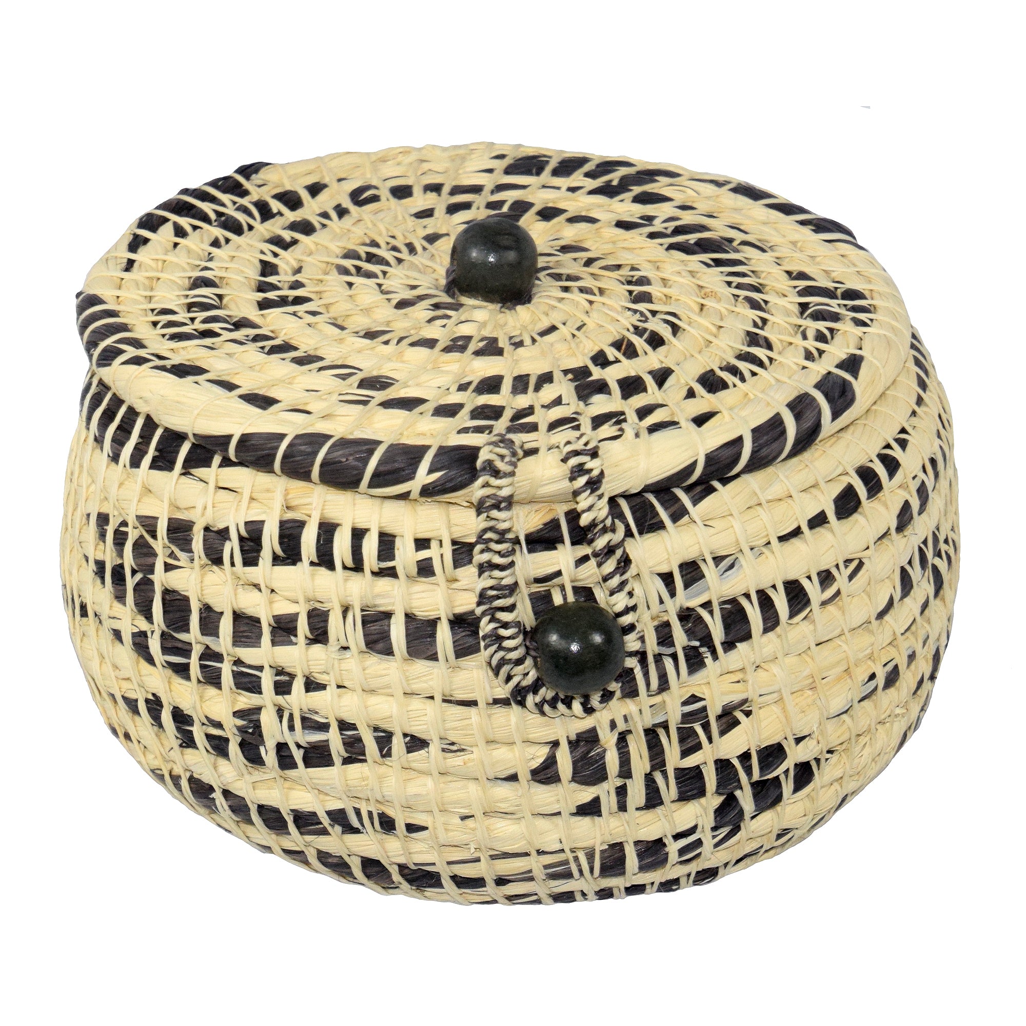 Chambira woven pot with top - white with color swirls- handmade by Peruvian artisan