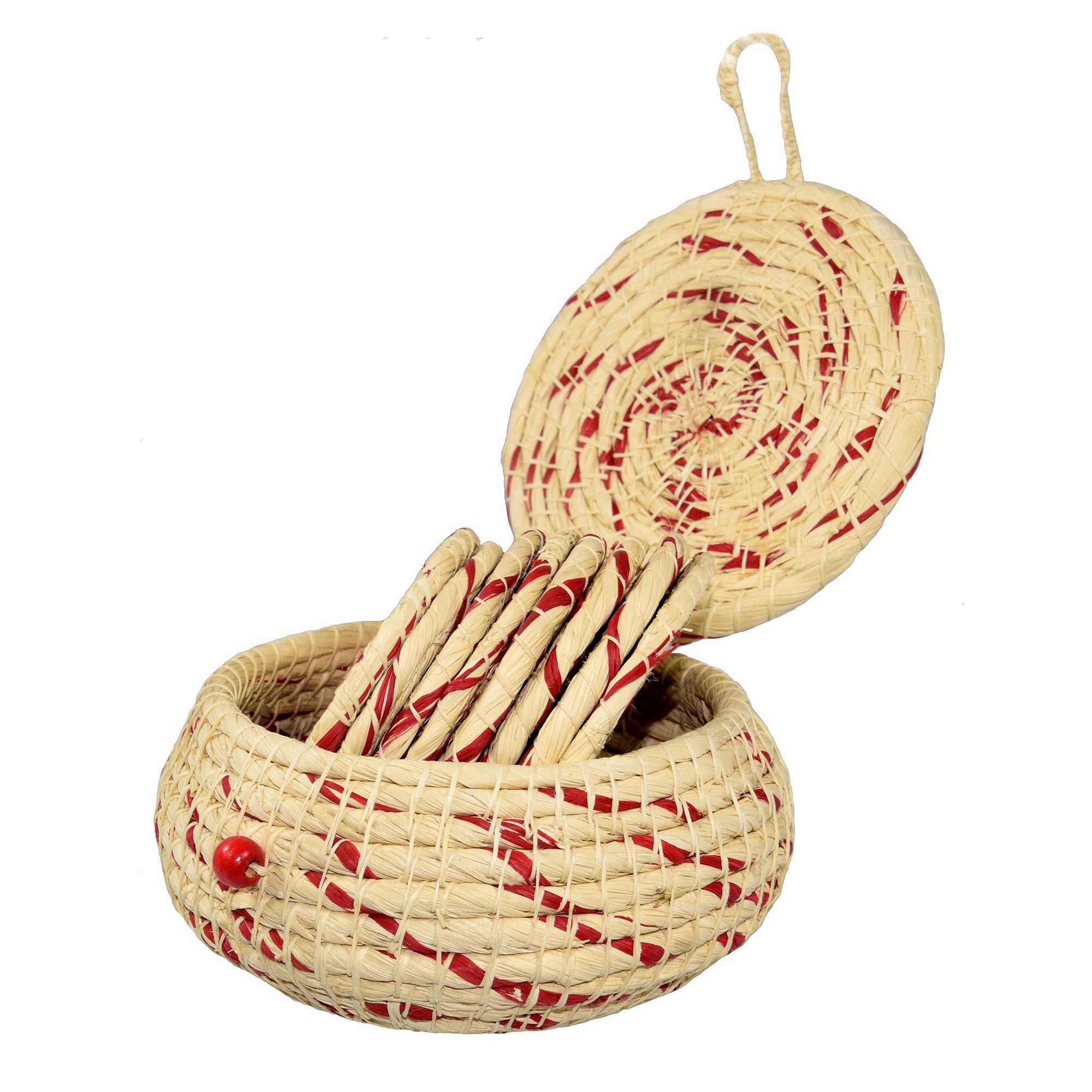 Chambira woven pot with top - white with color swirls- handmade by Peruvian artisan