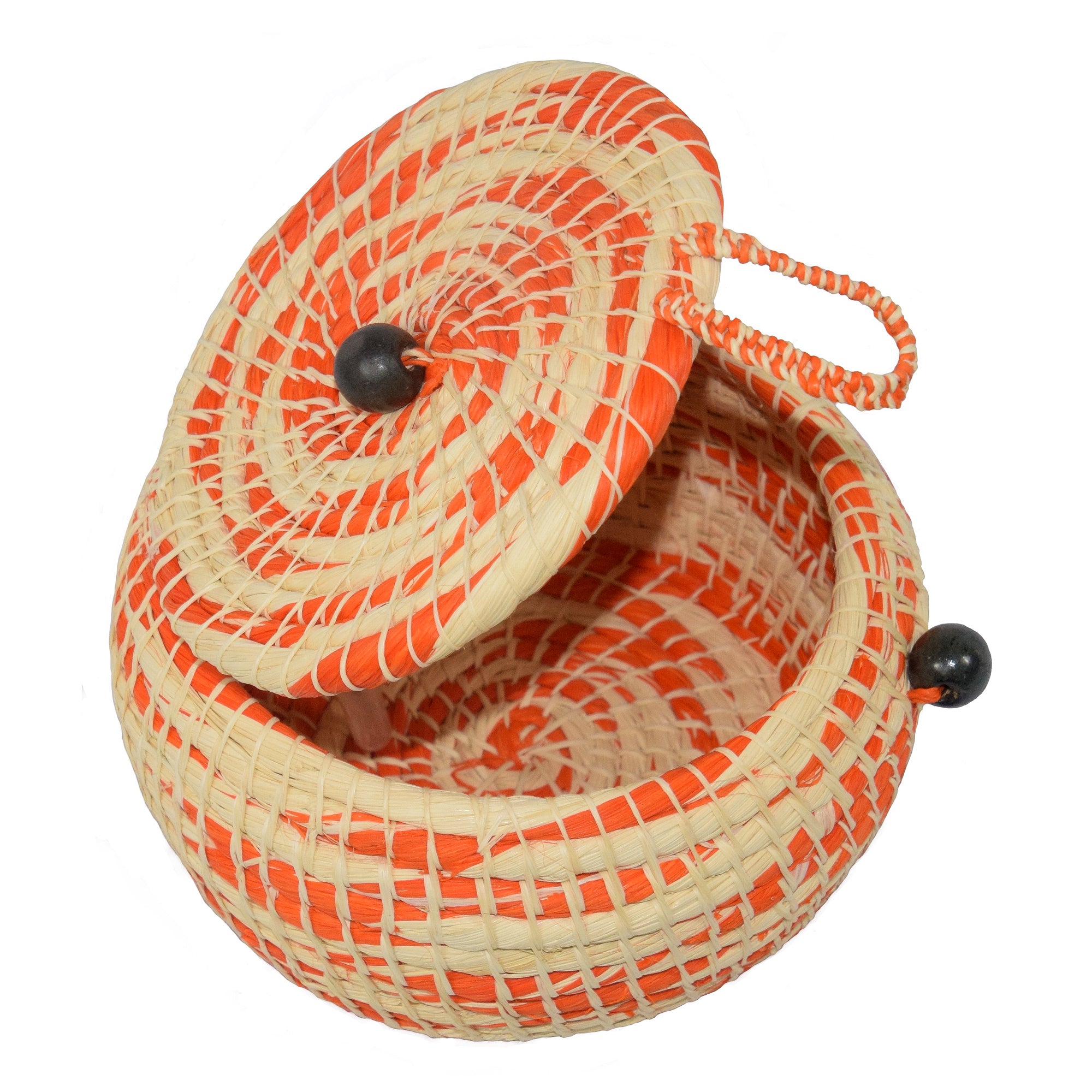 Chambira woven pot with top - white with color swirls- handmade by Peruvian artisan