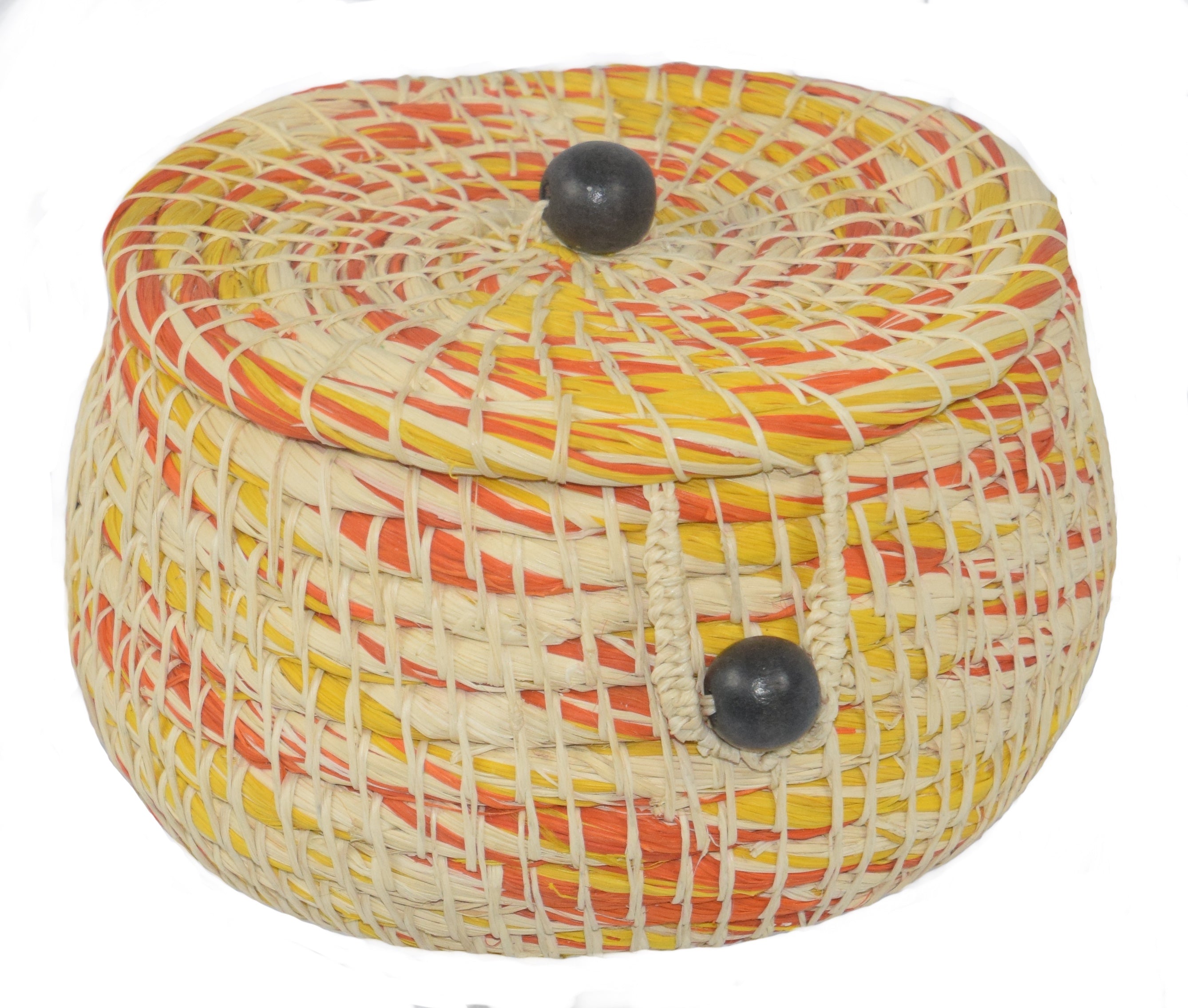 Chambira woven pot with top - white with color swirls- handmade by Peruvian artisan