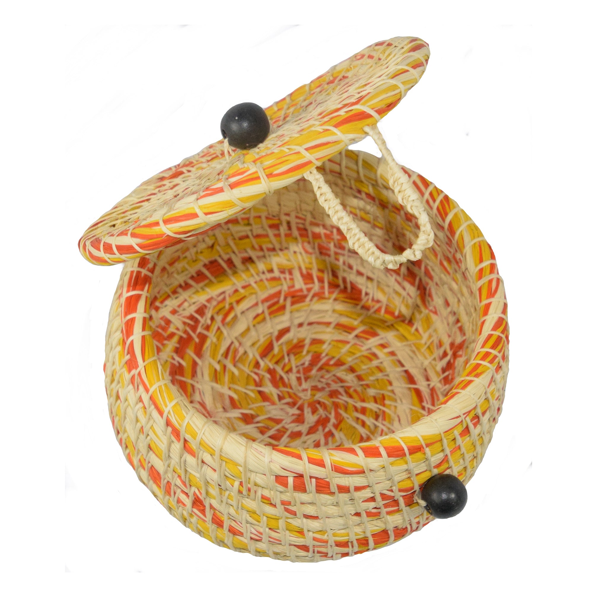 Chambira woven pot with top - white with color swirls- handmade by Peruvian artisan