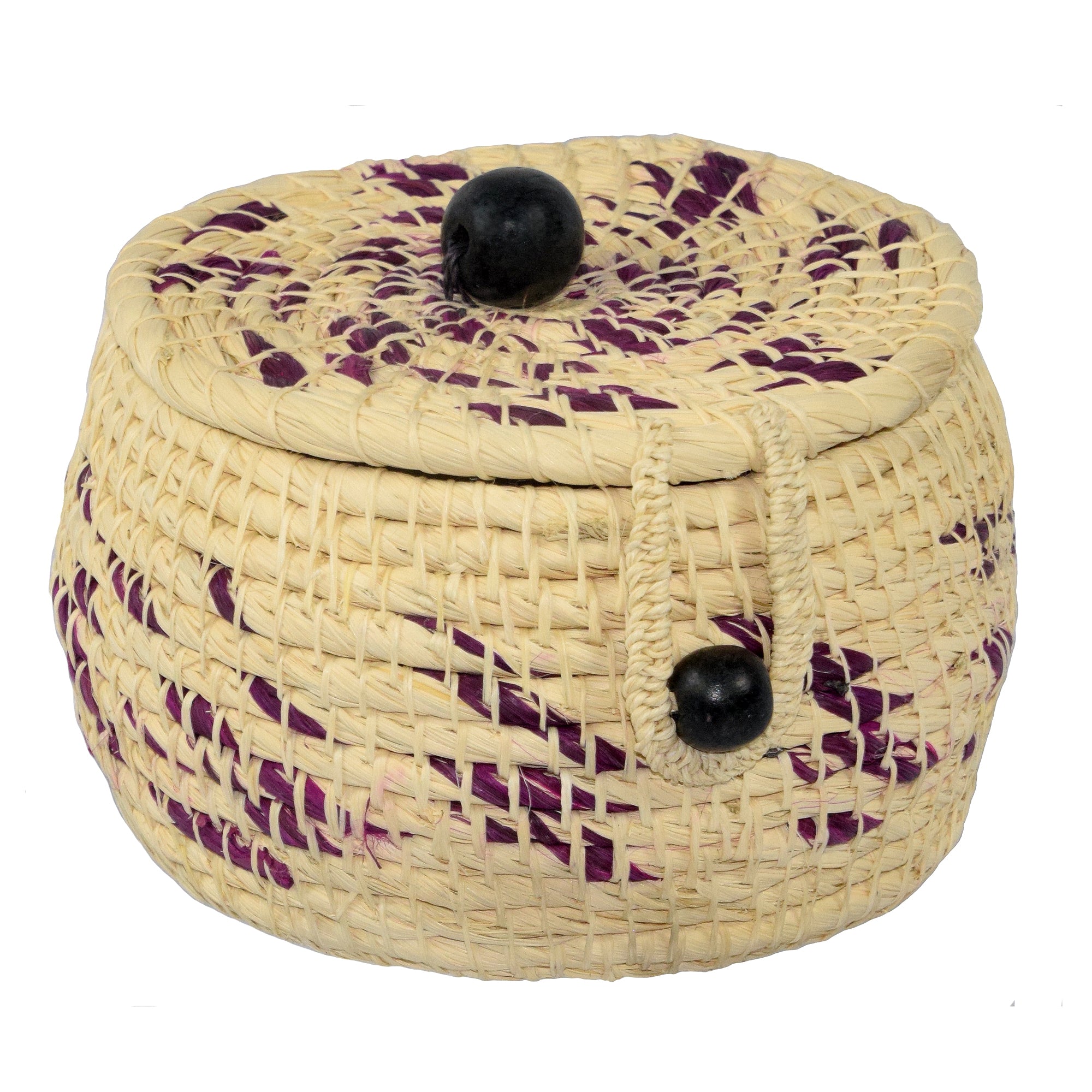 Chambira woven pot with top - white with color swirls- handmade by Peruvian artisan