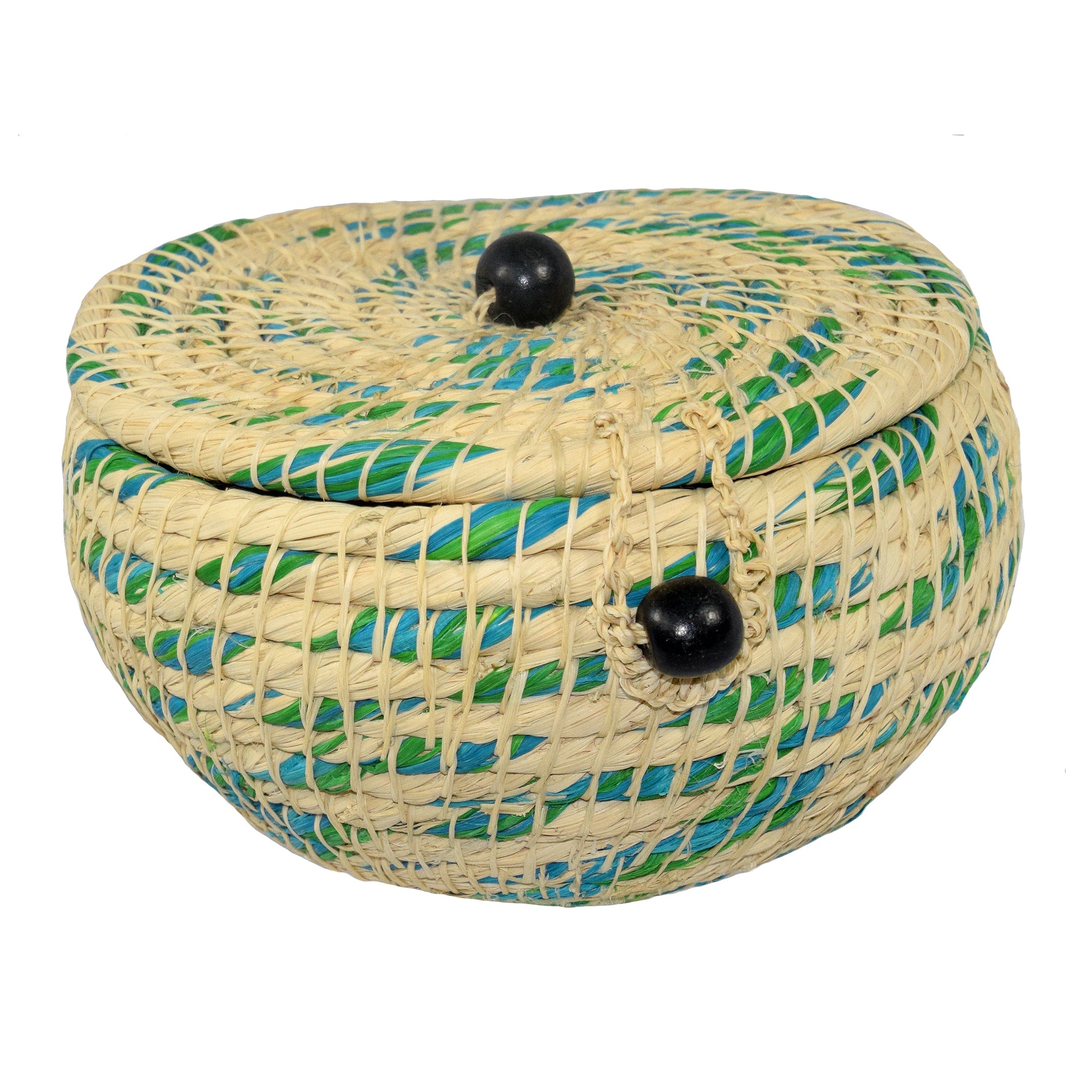 Chambira woven pot with top - white with color swirls- handmade by Peruvian artisan