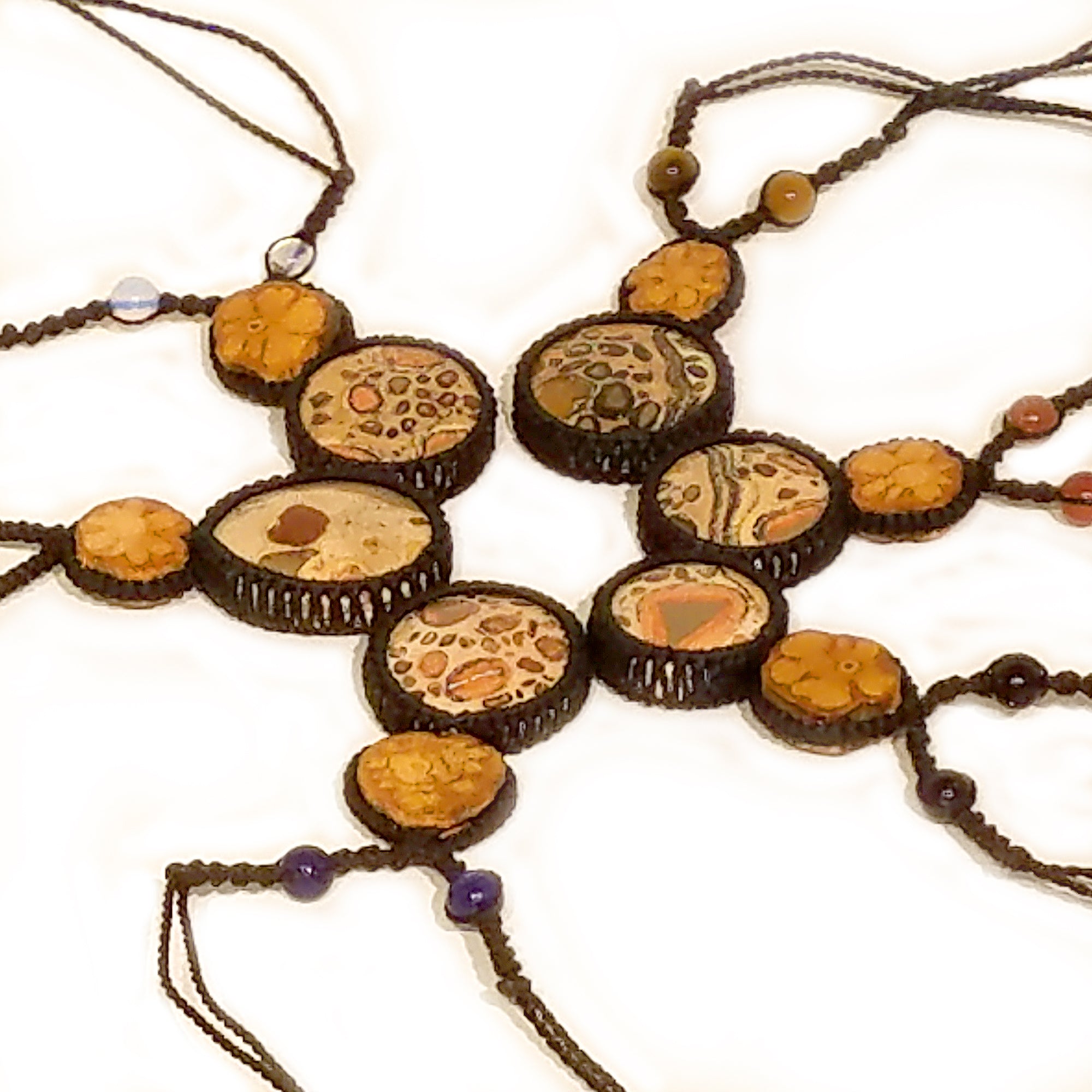 Ayahuasca vine and leopard jasper macrame necklace