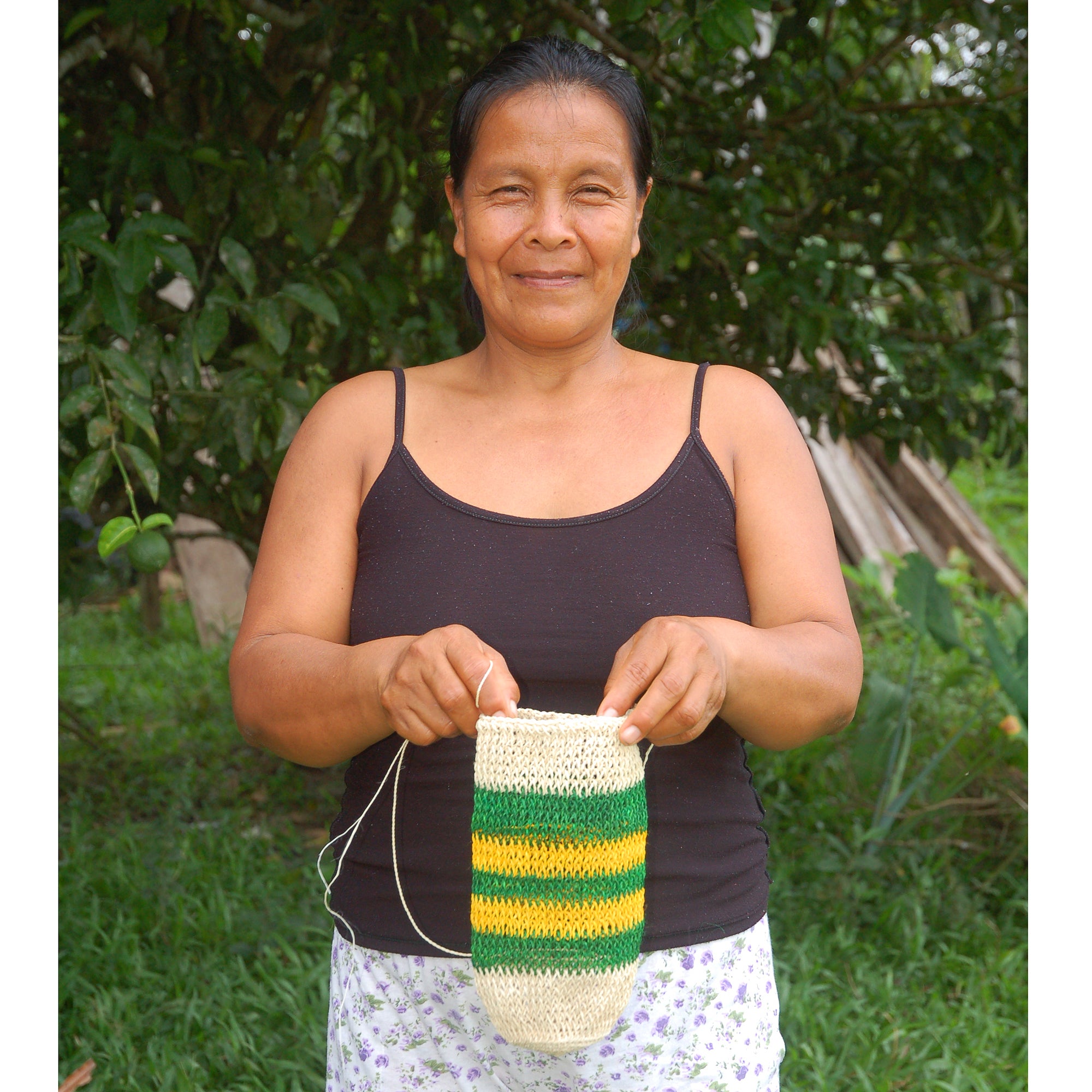 Fair-Trade Bottle Carrier/Wine Tote double green and yellow bands