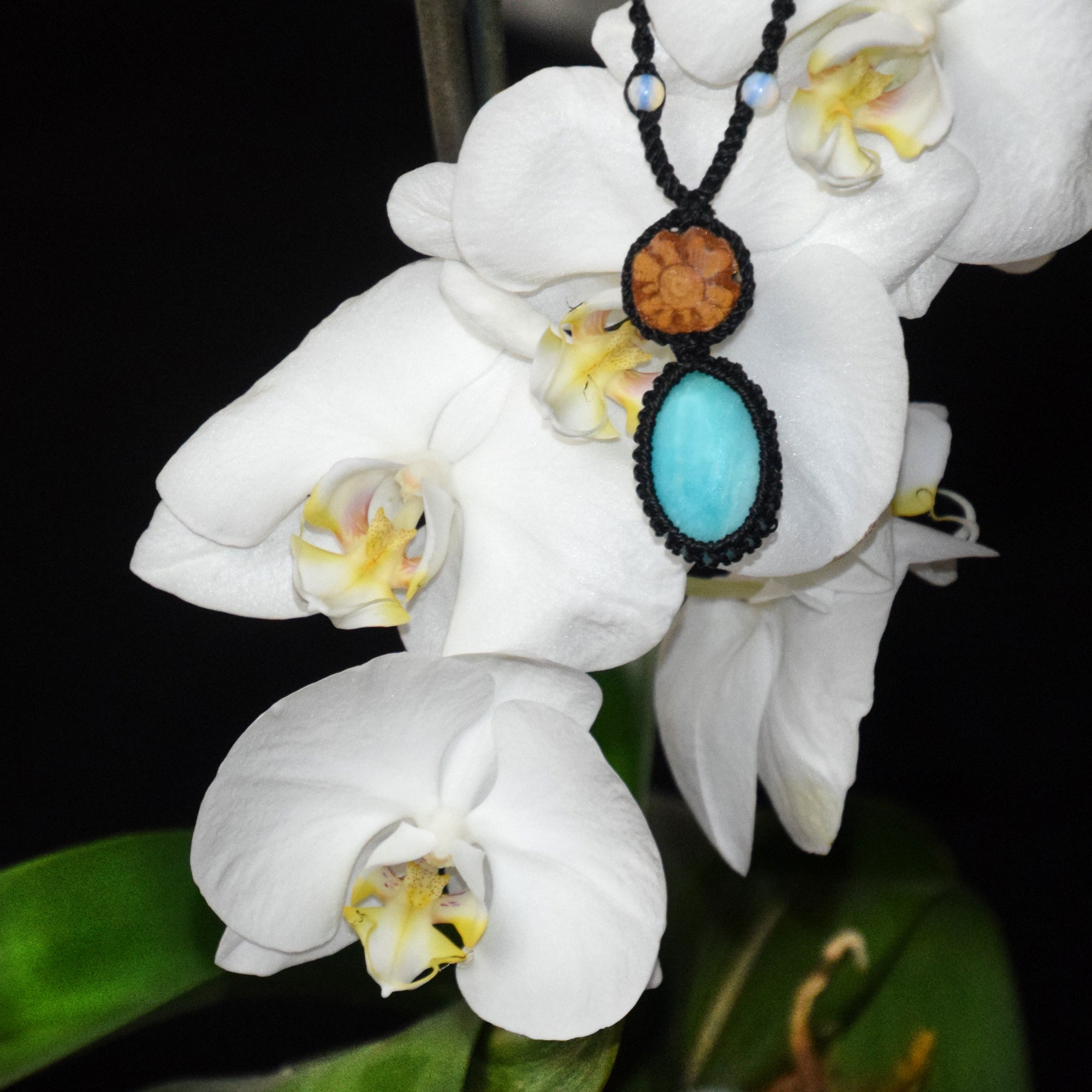 Ayahuasca vine and aquamarine Amazonite macrame necklace