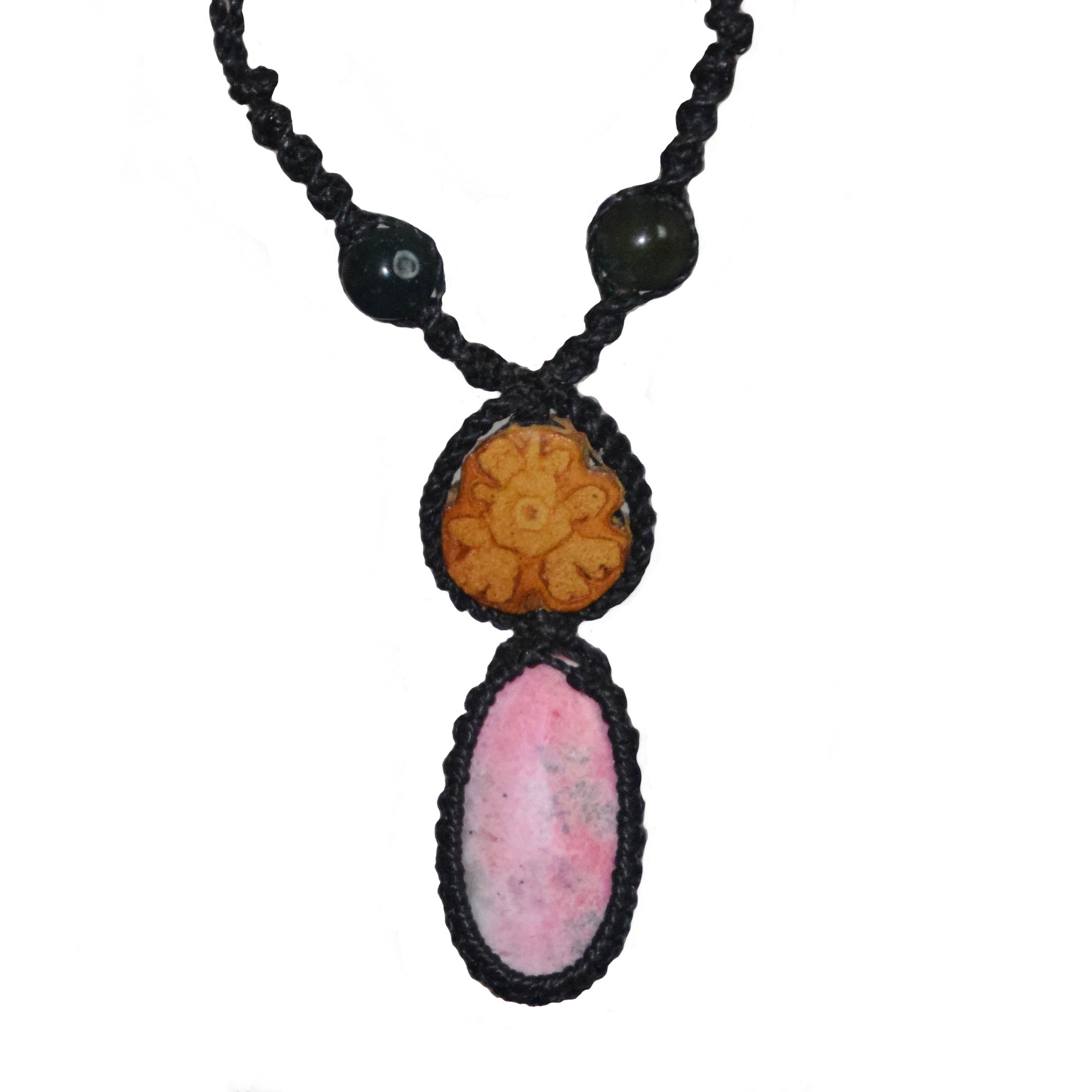 Ayahuasca vine and pink rhodocrosite macrame necklace