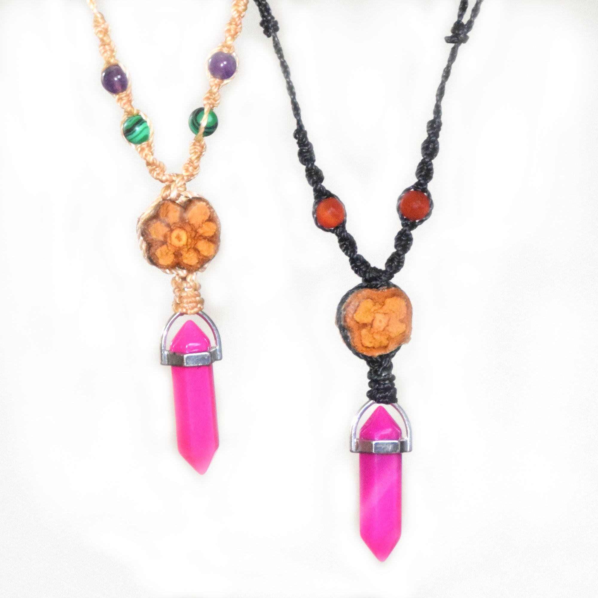 Ayahuasca vine and pink agate macrame necklace