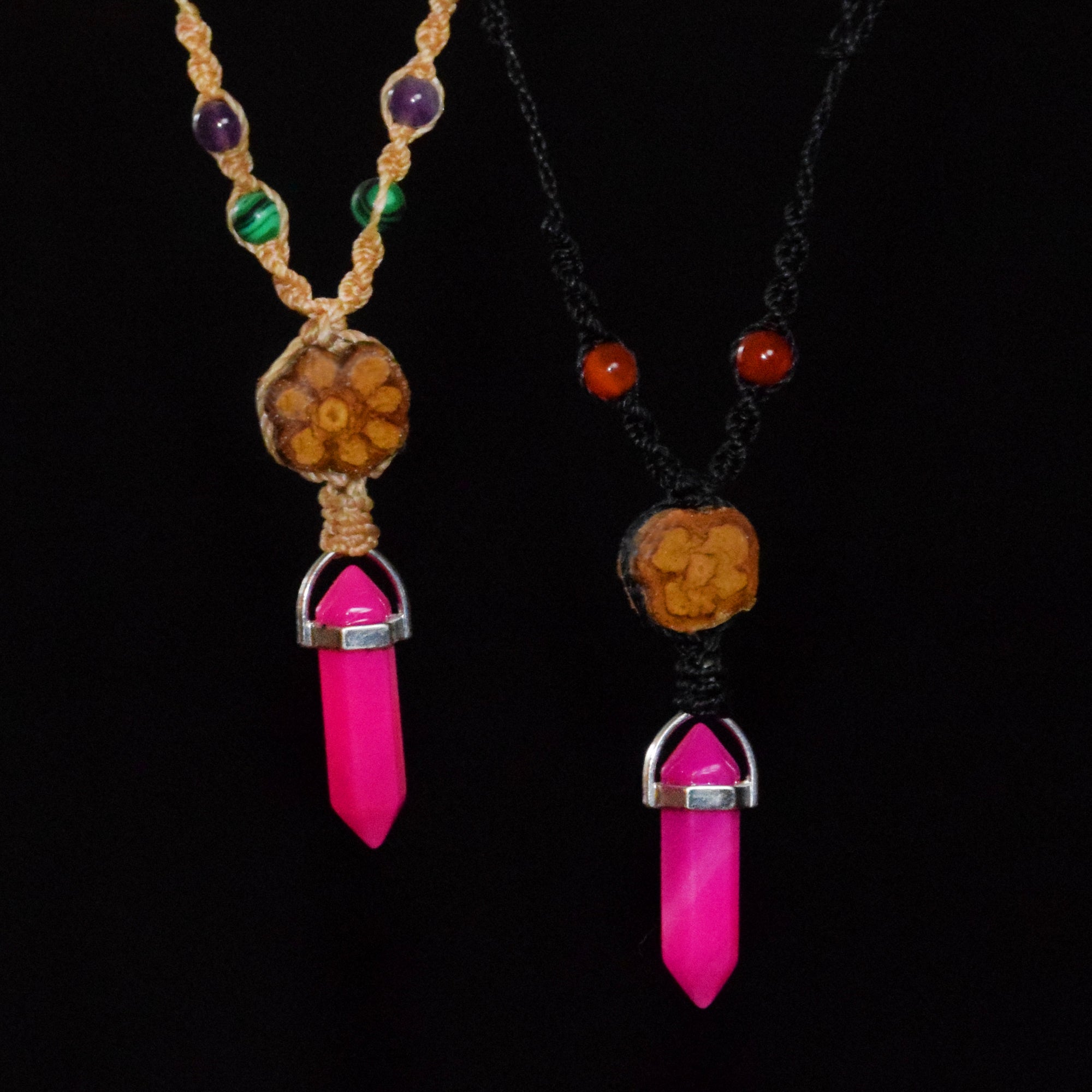 Ayahuasca vine and pink agate macrame necklace