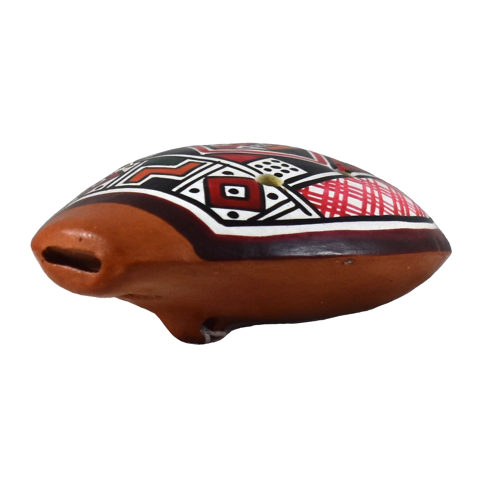 Ocarina ceramic flute with Shipibo and multi-colored designs from Peru