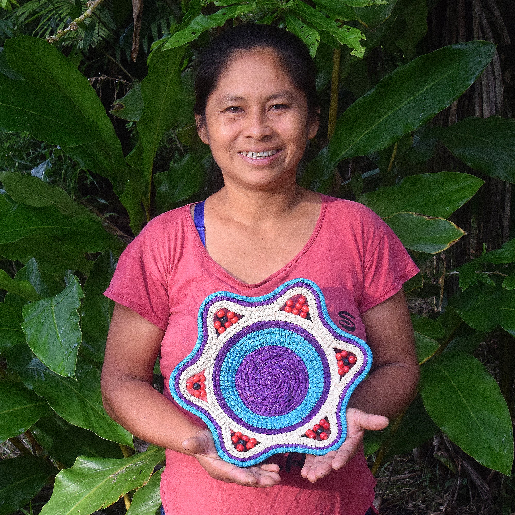 TURQUOISE VIOLET SURPRISE - HANDMADE CHAMBIRA PALM FIBER BASKET - WOVEN BY ARTISAN FROM PERUVIAN AMAZON