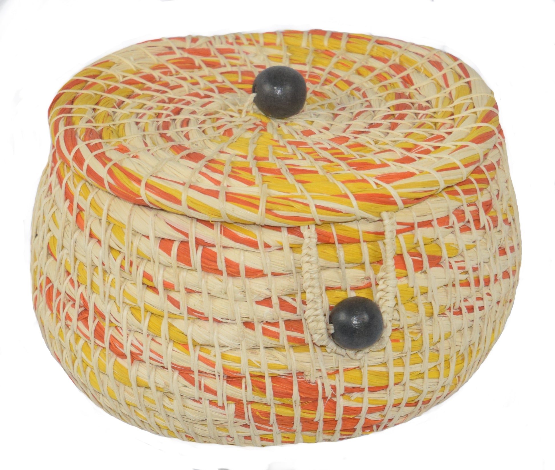 Chambira woven pot with top - white with color swirls- handmade by Peruvian artisan - Amazon Ecology