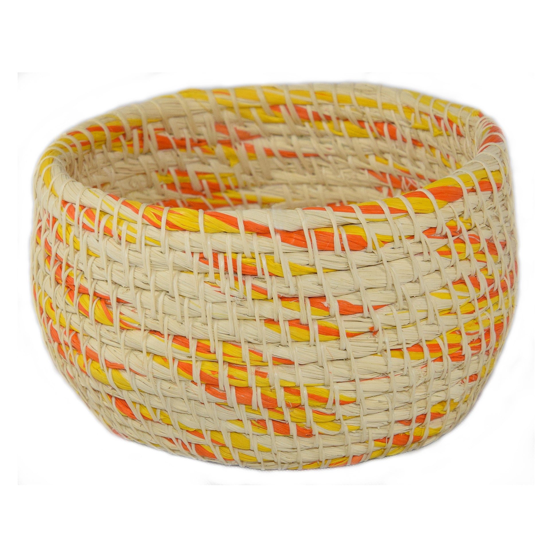 White chambira woven pots colored swirls with open top - handmade by Peruvian artisan - Amazon Ecology