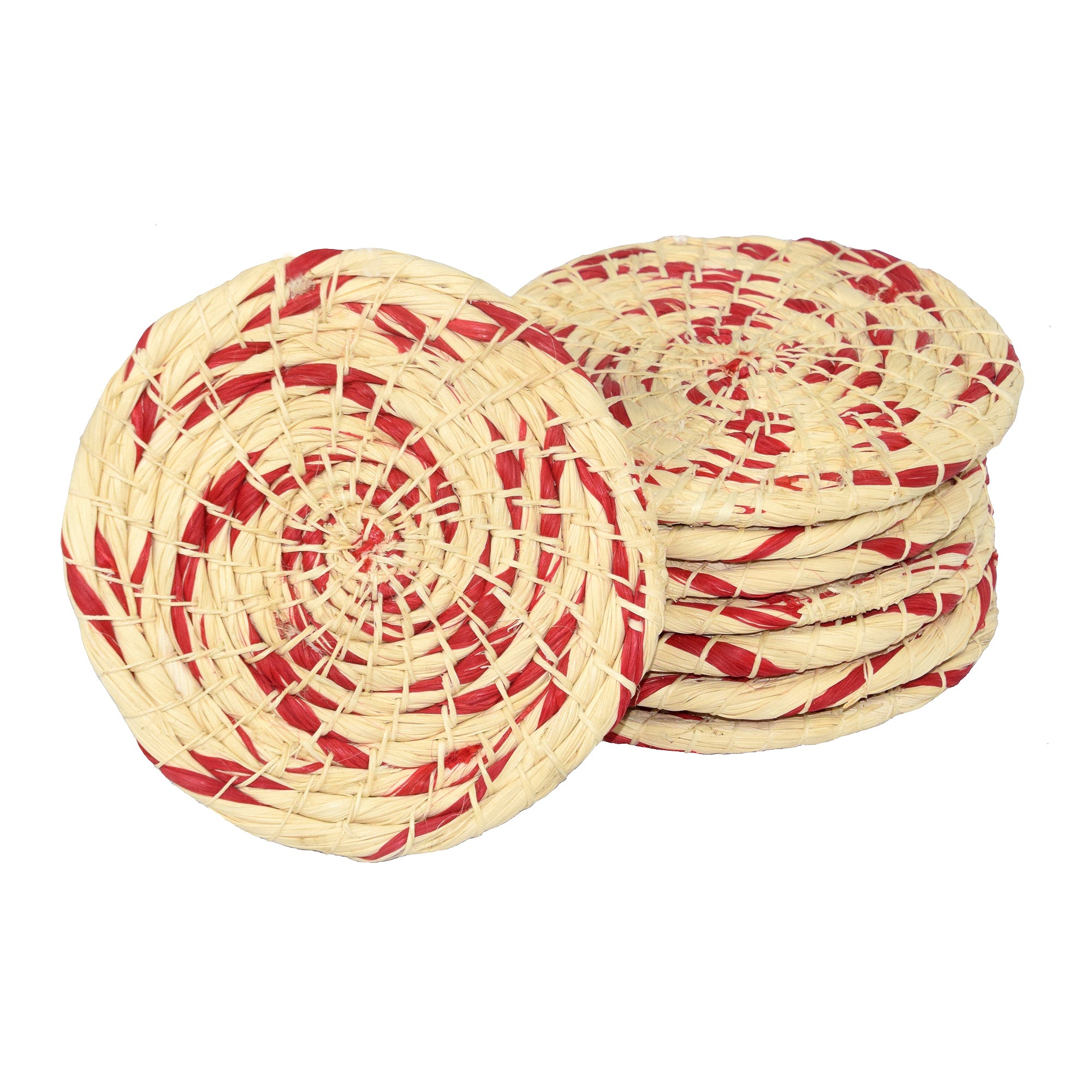 Chambira woven coasters with colored swirl- handmade by Peruvian artisans