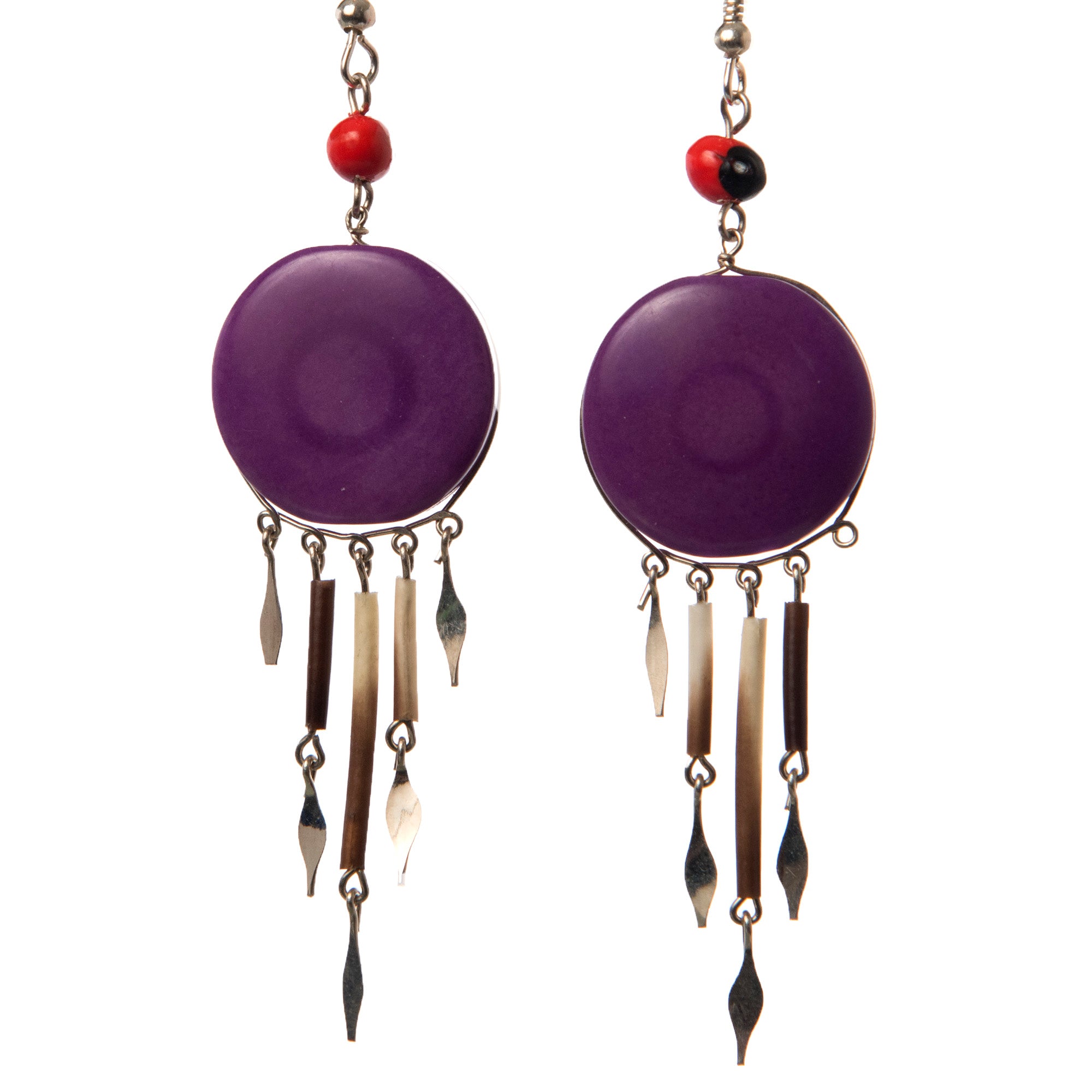 Tagua Palm Nut Disk Earrings with Quill Dangles