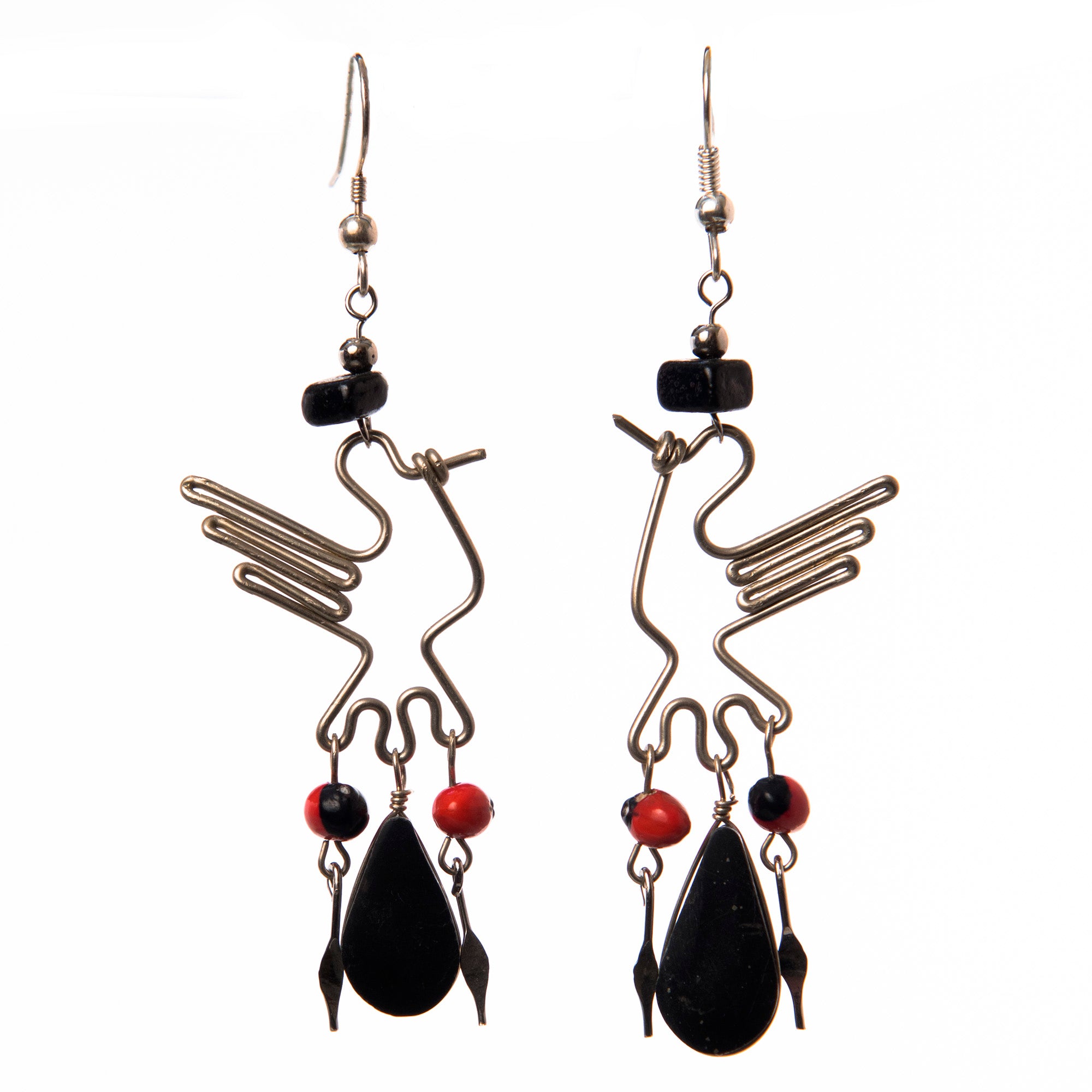 Silver Wire Hummingbird and Stone Earrings