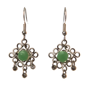 Turquoise or Green Jade Stone Button Dangling Earrings with Silver Wire