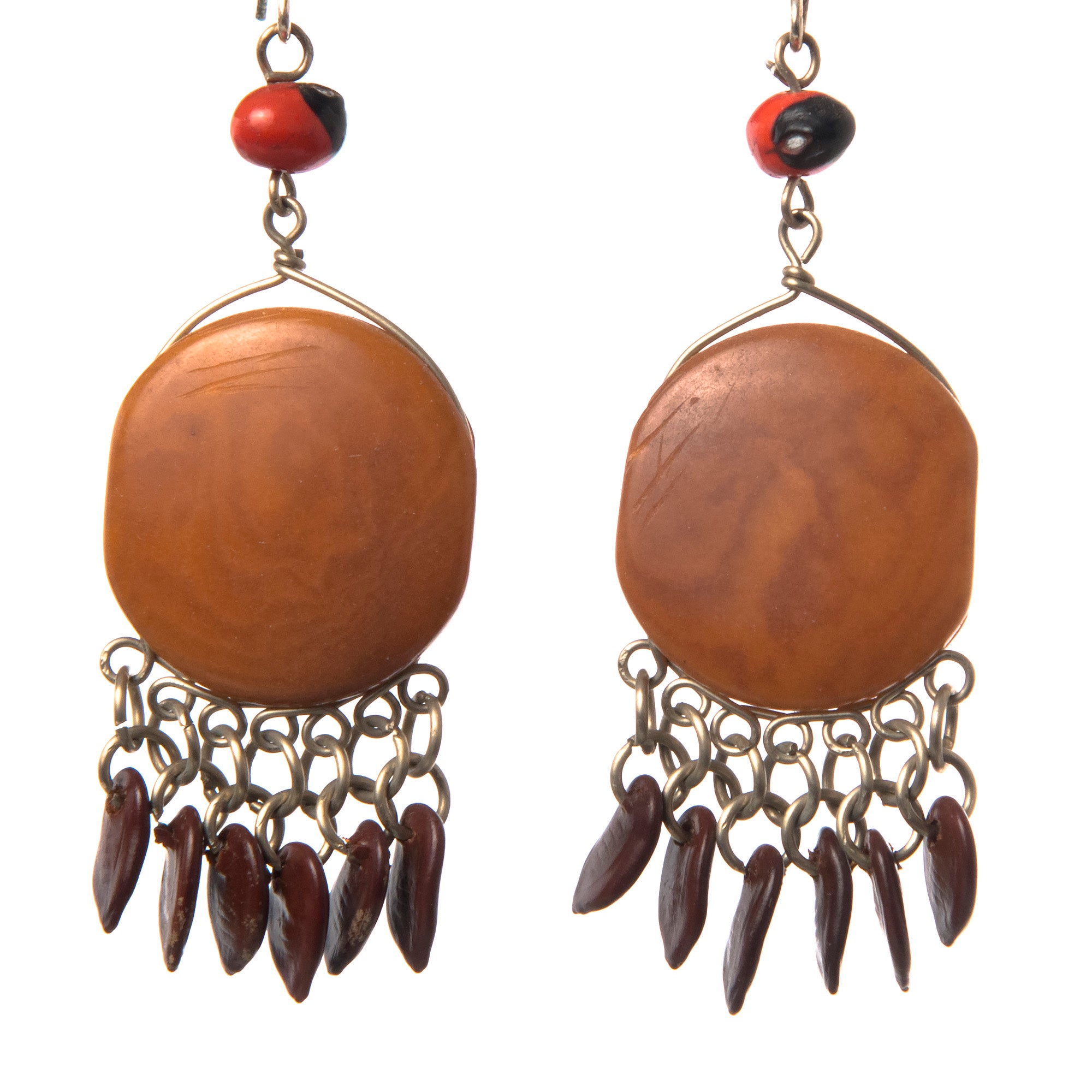 Brown tagua palm nut disk Earrings with Watermelon Seed Dangles - made by Peruvian Amazon artisan