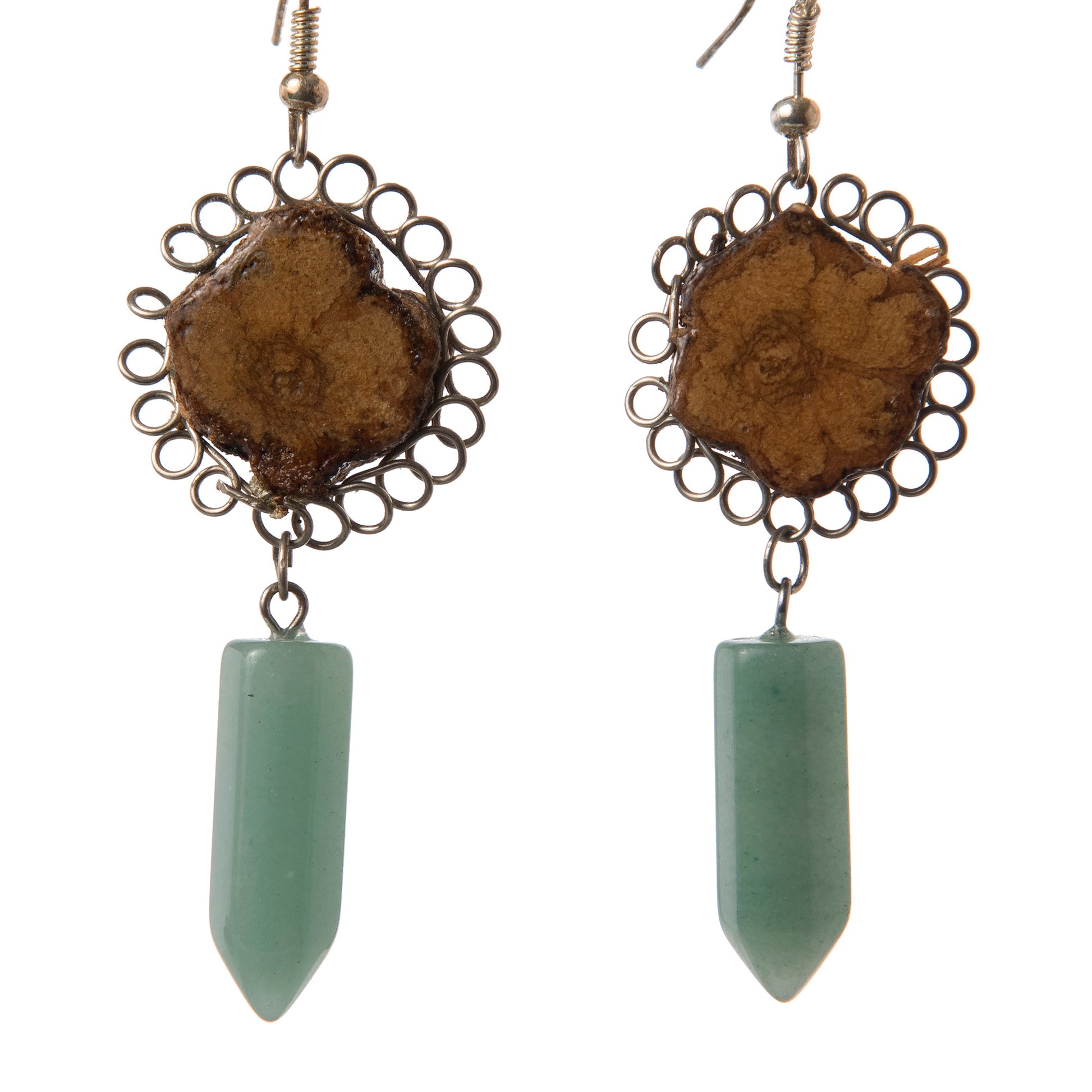 Ayahuasca vine earrings in silver wire flowers with stone pendants - made by Peruvian Amazon artisan - Amazon Ecology