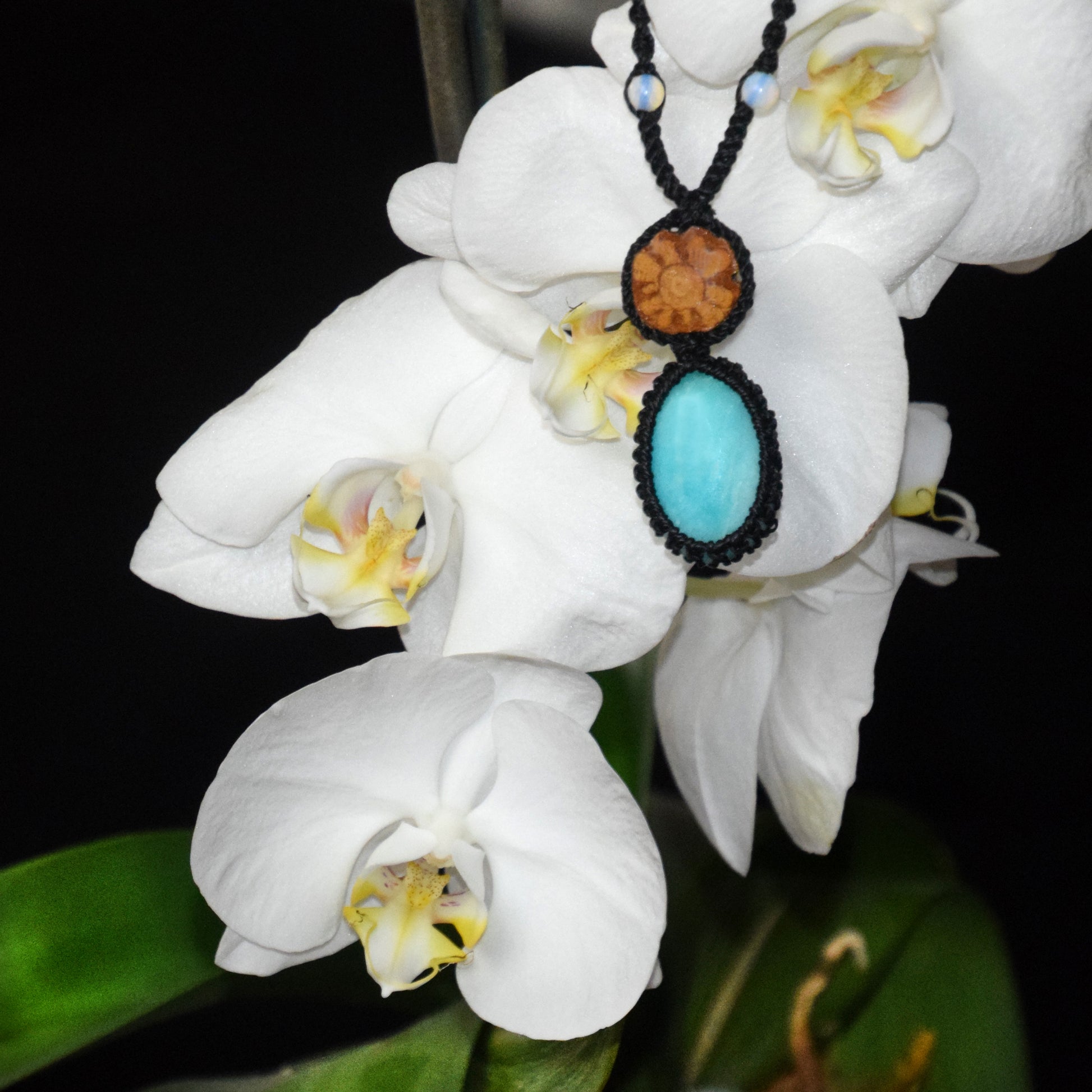 Ayahuasca vine and aquamarine Amazonite macrame necklace - Amazon Ecology