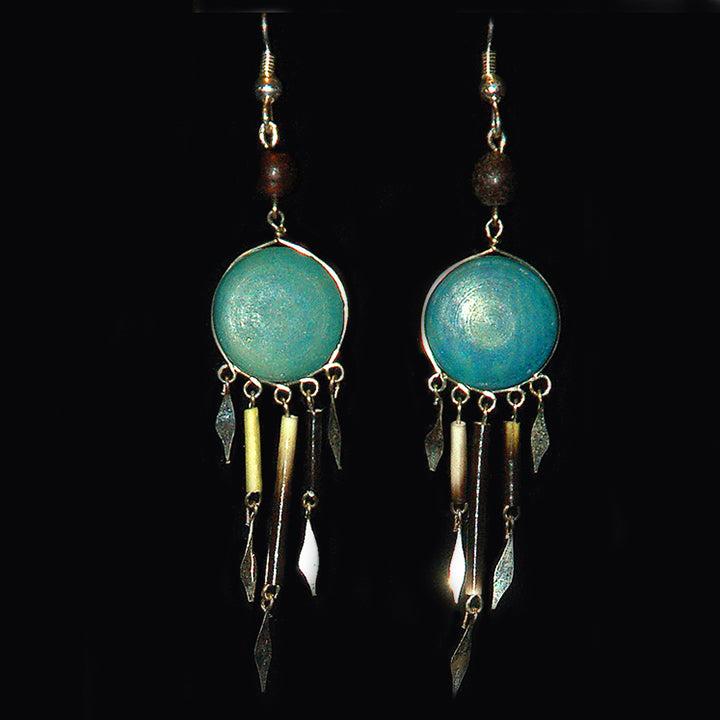 Tagua Palm Nut Disk Earrings with Quill Dangles - made by Peruvian Amazon artisan