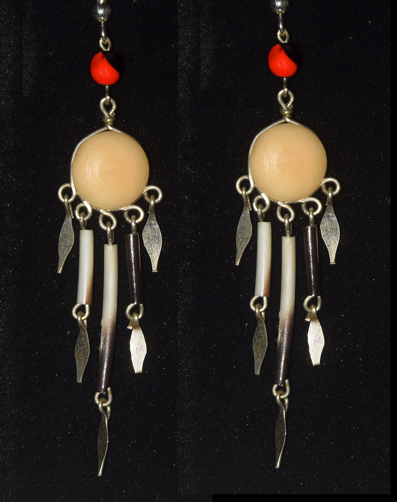 Tagua Palm Nut Disk Earrings with Quill Dangles - made by Peruvian Amazon artisan