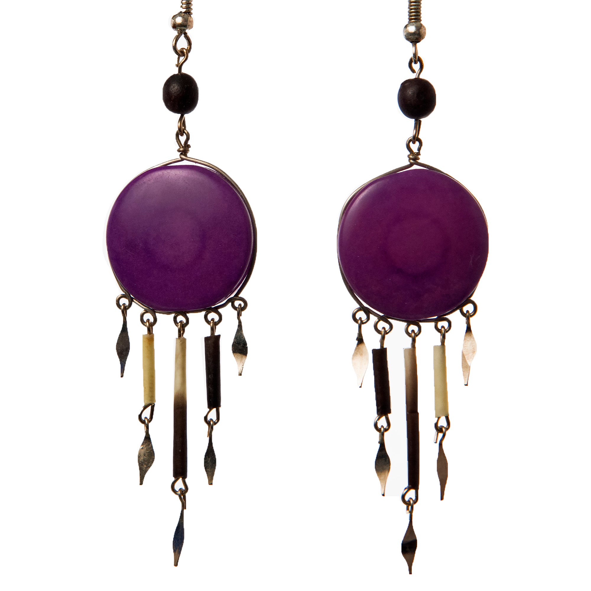 Tagua Palm Nut Disk Earrings with Quill Dangles - made by Peruvian Amazon artisan