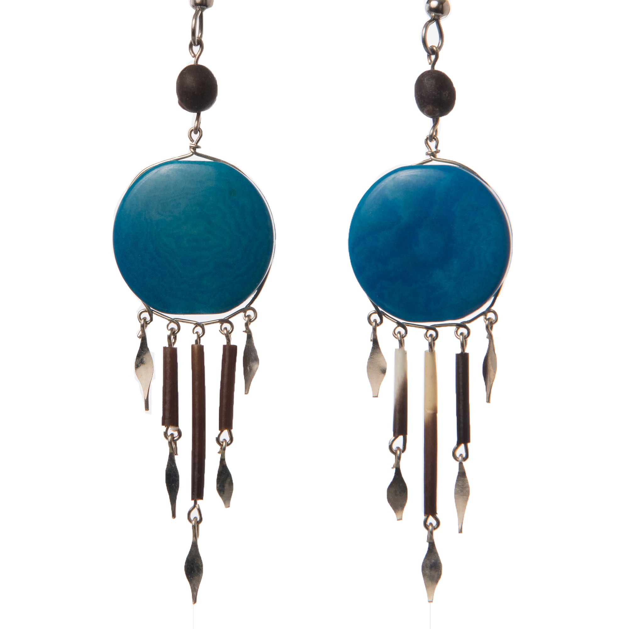 Tagua Palm Nut Disk Earrings with Quill Dangles - made by Peruvian Amazon artisan