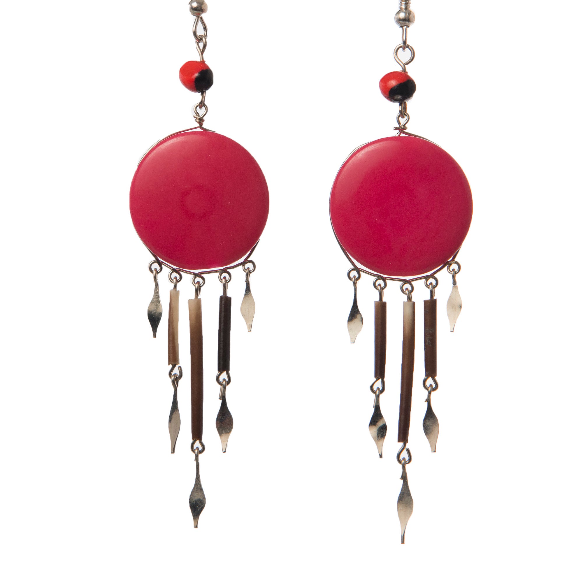 Tagua Palm Nut Disk Earrings with Quill Dangles - made by Peruvian Amazon artisan