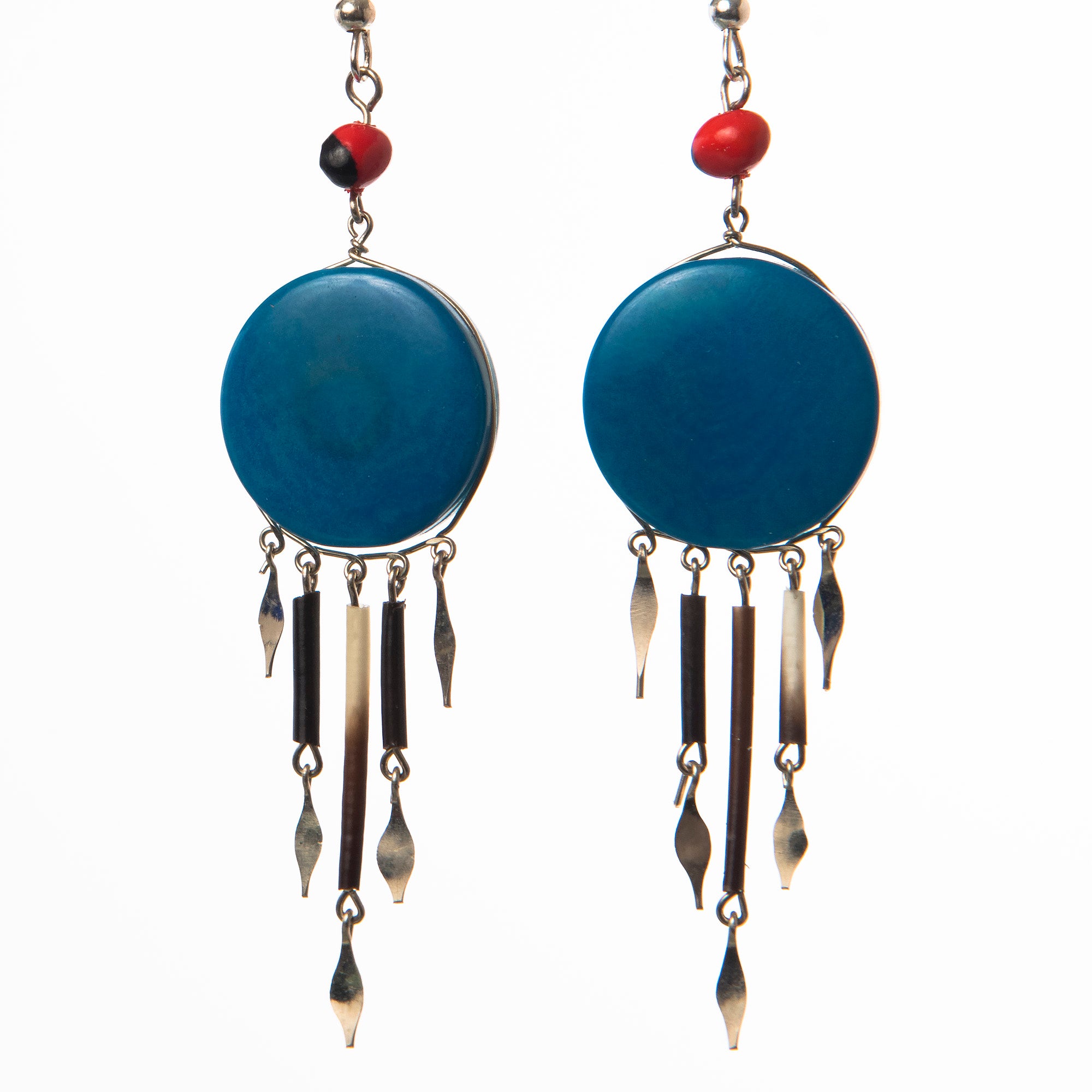 Tagua Palm Nut Disk Earrings with Quill Dangles - made by Peruvian Amazon artisan