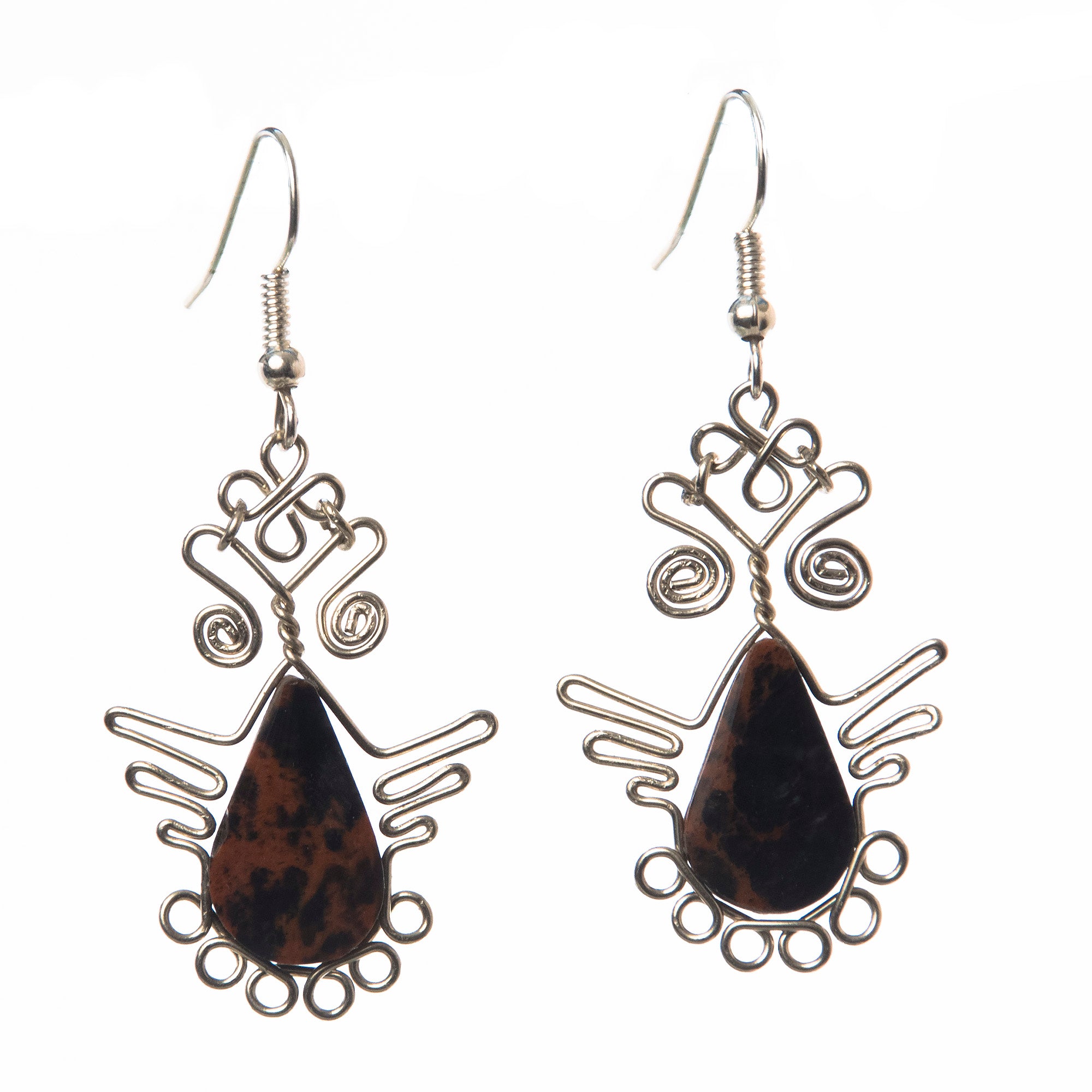 Silver Wire Owl Earrings With Tigrillo Stone and Achira Bead